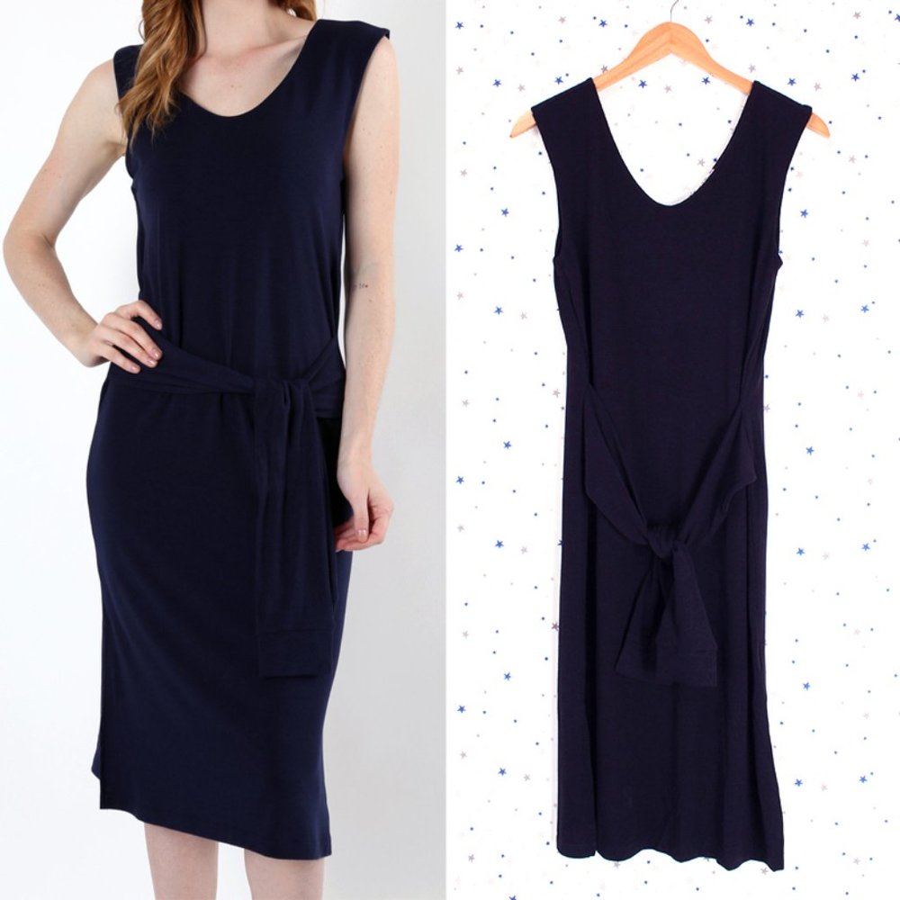Sleeveless Waist Tie Midi Dress Navy